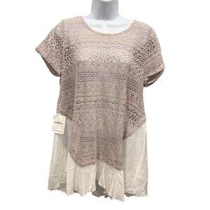 A'reve Lace Gauze Tunic Top Coastal Tan Cream Boho Aztec Western Chic Size L NEW